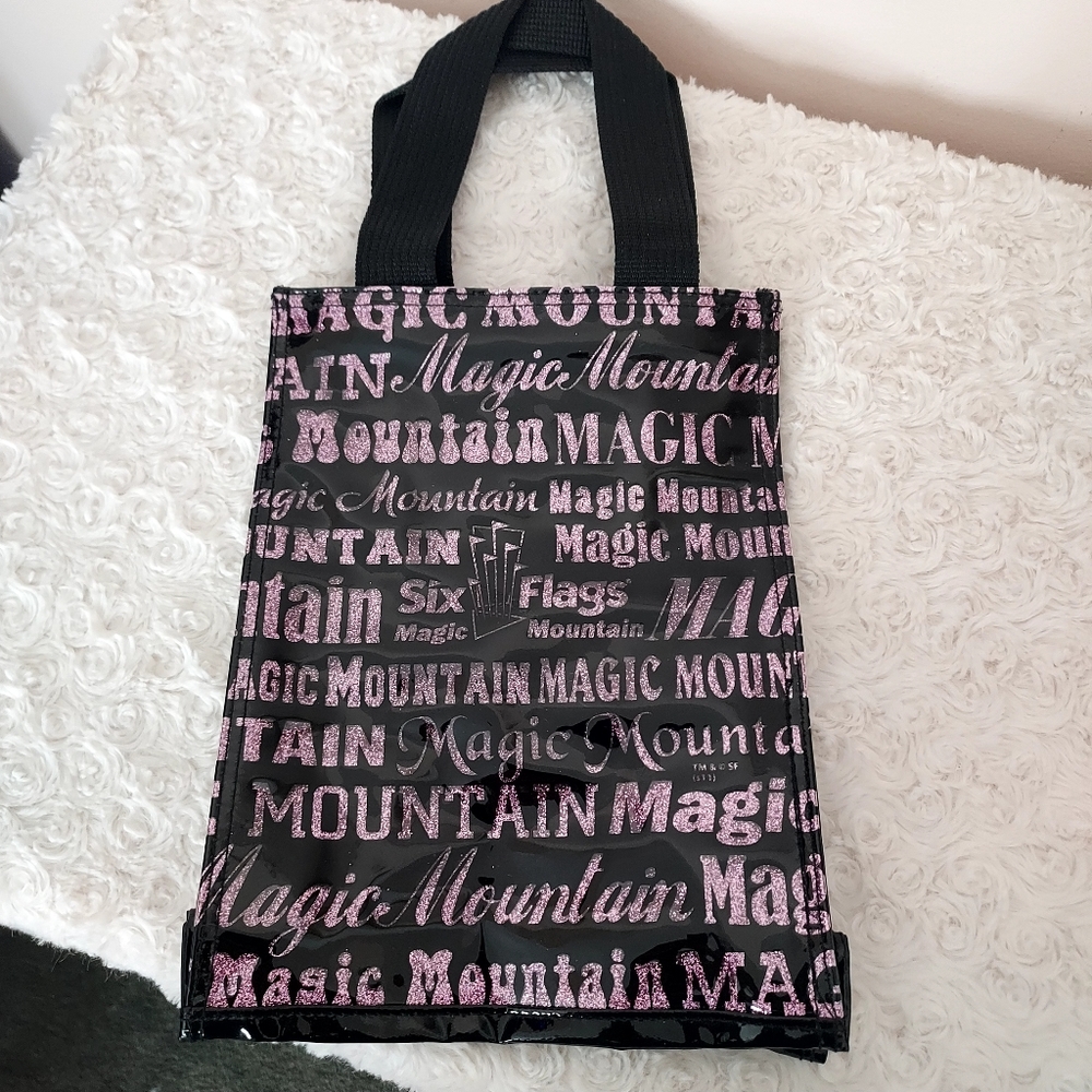 New Magic mountain black and sparkly purple small personal tote bag